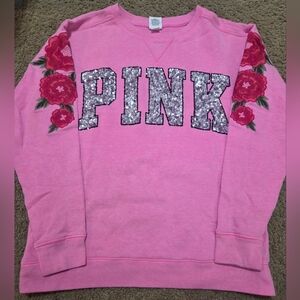 PINK Victoria's Secret Blingbsequin Vintage Rose Sweatshirt Flawed Please Read